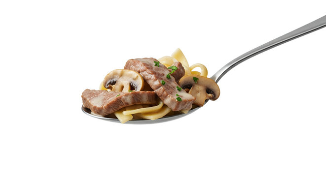 Elevated perspective of fork filled with tempting beef stroganoff on white surface with elegant shadow