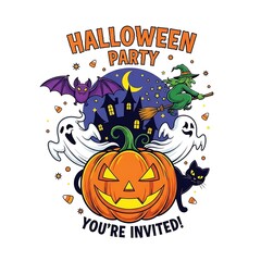 Whimsical Halloween party invitation with pumpkin witch ghosts