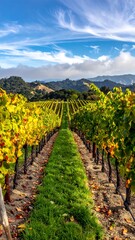 Obraz premium Vineyard Vista - Rows of Grapes Under a Blue Sky.