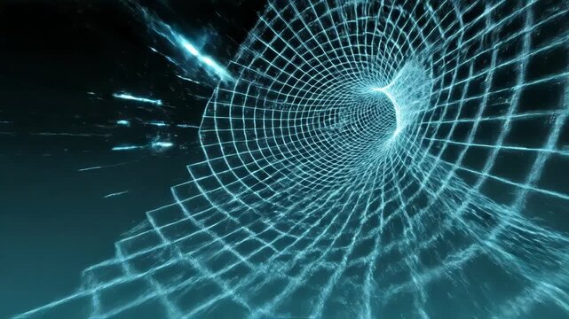 Abstract glowing blue wireframe mesh structure twisting in a dark digital space, representing technology and data flow