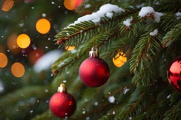 Close-up of Snow-Covered Christmas Tree Branch with Red Ornaments and Bokeh Lights