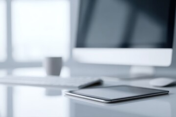 Fototapeta premium Tech-focused desk with external monitor, tablet, and smartphone forming a seamless modern workflow