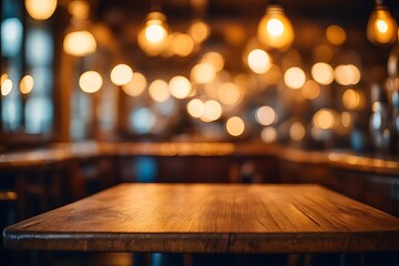 Empty Wooden Bar Counter Top with Warm Bokeh Lights Background for Product Display