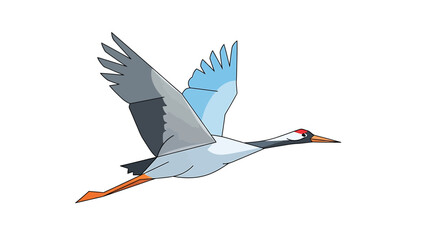 A graceful crane in flight, wings spread wide, soaring through the sky with long legs trailing