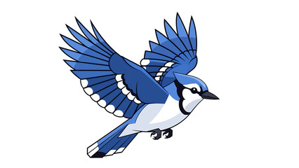 A vibrant illustration of a blue jay in mid-flight, showcasing its detailed feathers and striking blue plumage against a clean white background, perfect for nature and wildlife themes