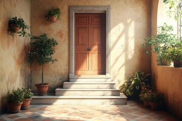 Interior design of mediterranean style entrance hall with door and staircase, Generative AI