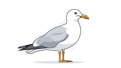 Cartoon illustration of a white seagull standing on one leg, with a slightly open beak and yellow feet, depicted against a white background