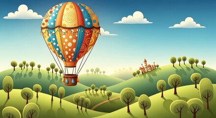 Whimsical Hot Air Balloon Over Rolling Hills cartoon