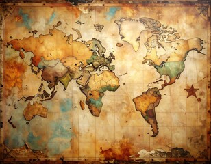 Naklejka premium Faded, old world map illustration with burn marks on a worn paper background