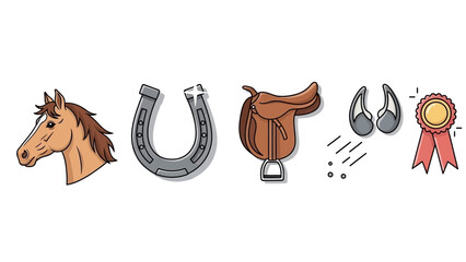 A collection of equestrian-themed icons including a horse head, horseshoe, saddle, stirrups, and a winner's rosette.