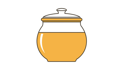 Simple illustration of a honey pot with a lid, filled with golden honey, on a white background.