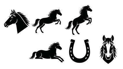 Collection of various black horse silhouettes and a horseshoe on a white background, depicting different poses and a symbol of luck.