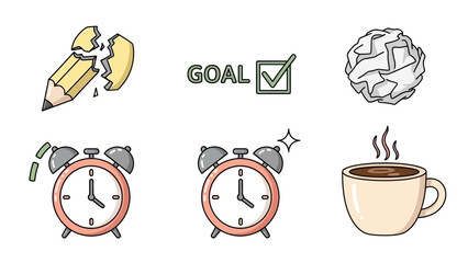 Icons representing productivity, challenges, goals, time management, and daily routine elements like a broken pencil, goal check, crumpled paper, alarm clocks, and coffee.