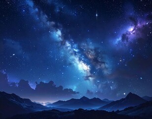 Fototapeta premium Deep blue night sky with a shimmering Milky Way and mountains