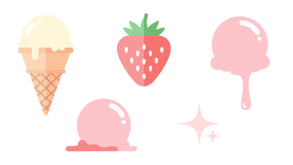 Fototapeta premium A collection of cute flat design illustrations featuring ice cream cones, melting scoops, and a fresh strawberry with sparkle accents.