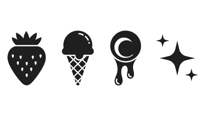 Four black silhouette icons featuring a strawberry, an ice cream cone, a melting moon, and sparkling stars on a white background.
