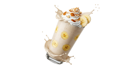 Delicious banana smoothie with cream and almond topping for a healthy start to the day, perfect for breakfast or a refreshing snack, isolated on a