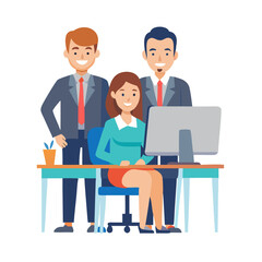 Business team at the desktop. Happy colleagues working together. Portrait of office workers