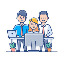 Obraz premium Business team at the desktop. Happy colleagues working together. Portrait of office workers