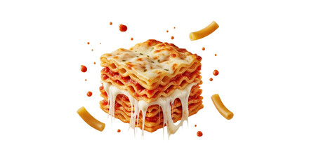Delectable towering lasagna with melted mozzarella floating amid pasta and tomato sauce offering a tempting Italian culinary experience