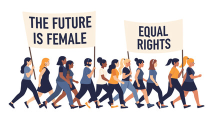 Illustration of diverse women marching for equal rights white