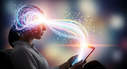 Woman Interacting with Digital Data Stream from Tablet