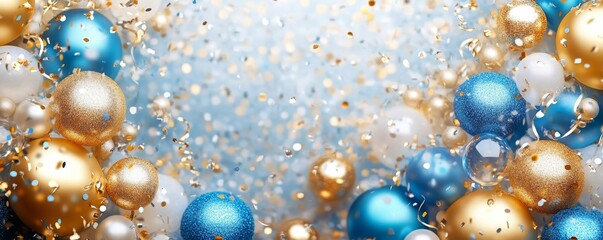 Holiday background with golden and blue metallic balloons, confetti and ribbons. Festive card for birthday party, anniversary, new year, christmas or other events, Generative AI