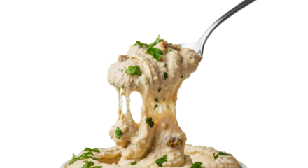 Elevated baba ghanoush: Creamy eggplant dip cascading from a spoon with fresh herb accents, a culinary delight offering a tantalizing texture and