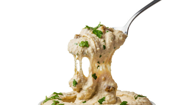 Elevated baba ghanoush: Creamy eggplant dip cascading from a spoon with fresh herb accents, a culinary delight offering a tantalizing texture and