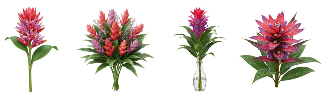 Four bromeliad plants with pink and red flowers and green leaves against a solid color backdrop on transparent background