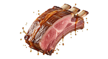 Succulent prime rib roast dripping with savory sauce isolated on white background for culinary presentations or food advertising projects