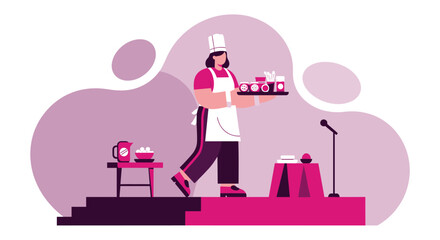 Female chef presenting food products on stage. Flat vector illustration of cooking show host holding tray with jars during culinary demonstration or competition event.