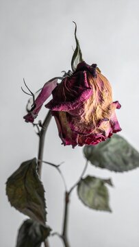 Faded rose with curled petals on a thorny stem, against a pale gray background