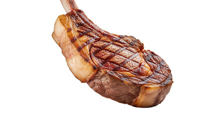Exquisite tomahawk steak isolated on a clean white backdrop displaying enticing grill marks ready to be served
