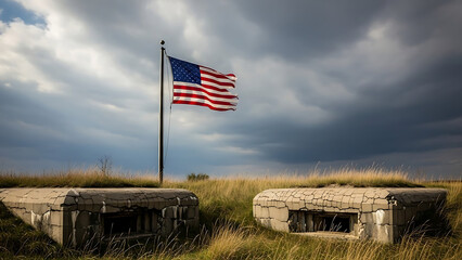 American flag waves over concrete bunkers in a field under a dramatic sky
