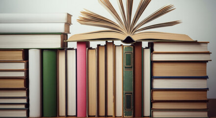 A stack of books displays assorted colors, with an open book on top, creating a scene of literature and learning. Ideal for educational and library settings.