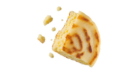 Golden arepa with visible bite mark and scattered crumbs floating in a white space showcasing simplicity and deliciousness, tempting traditional treat