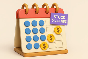 Colorful 3D calendar model displays stock dividends with coins and vibrant design, representing stock market and financial planning. This visual captures essence of business growth and investment