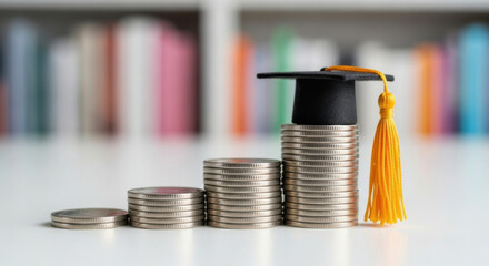 Coins stacked showing education costs increasing with a graduation cap on top. Stacked currency showing growth and saving for school education. Bookshelf in soft focus at the background.
