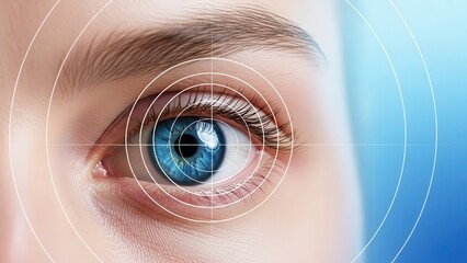 Close-up of a human eye with digital targeting and scanning graphics, vision technology
