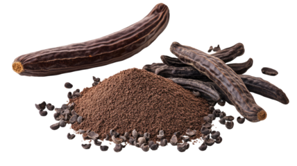 Pile of ground carob with rich brown color and fine texture ideal for natural sweeteners and baking ingredients isolated on white background