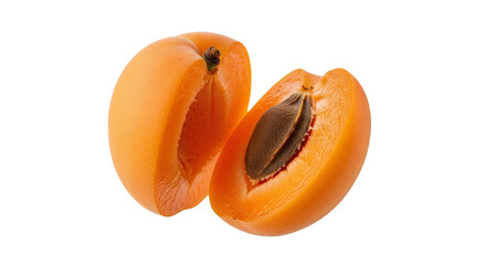Studio shot showcasing two vibrant halves of a ripe apricot against a stark white backdrop, highlighting its internal textures and pit detail in a