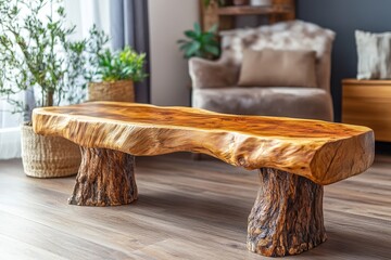 Wooden bench made from rough wood slab. Rustic boho farmhouse home interior design of modern living room, Generative AI