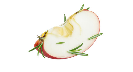 A Slice of Red Apple Garnished with Fresh Rosemary Sprigs on a Pure White Backdrop to emphasize culinary and visual creativity