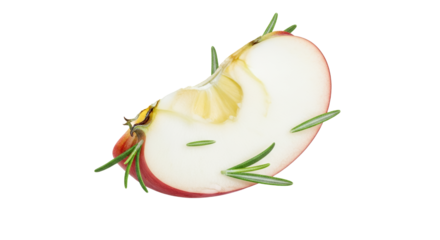 A Slice of Red Apple Garnished with Fresh Rosemary Sprigs on a Pure White Backdrop to emphasize culinary and visual creativity