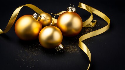 Luxury Gold Christmas Ornaments and Ribbon on Elegant Black Velvet Background Holiday Display
