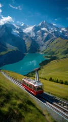Poster de jardin  Aerial View of Scenic Train Journey through Vibrant Swiss Alps: Turquoise Lakes and Mountain Landscapes for Sustainable Travel Adventures  © Chris