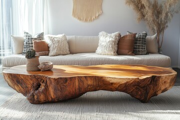 Wooden bench made from rough wood slab. Rustic boho farmhouse home interior design of modern living room, Generative AI