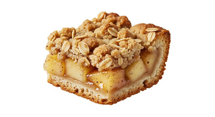 Warm indulgence: a slice of golden apple crumble cake with inviting textures and delicate pastry