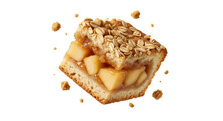 Delicious apple crumble bar levitating on a white backdrop capturing the essence of autumnal baking with its warm textures and inviting composition